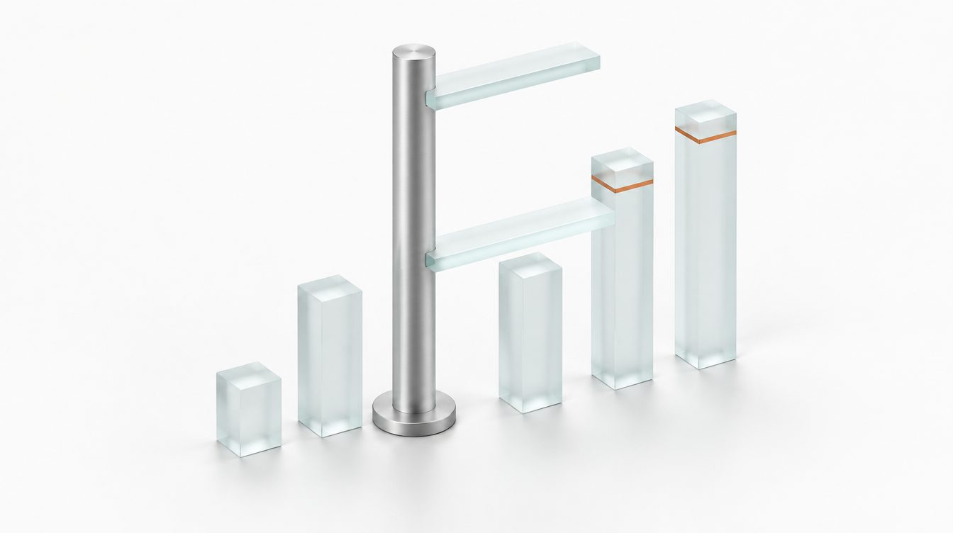 Eine Silbersäule mit zwei Glas-Schwellen, größere Blöcke kupfern markiert